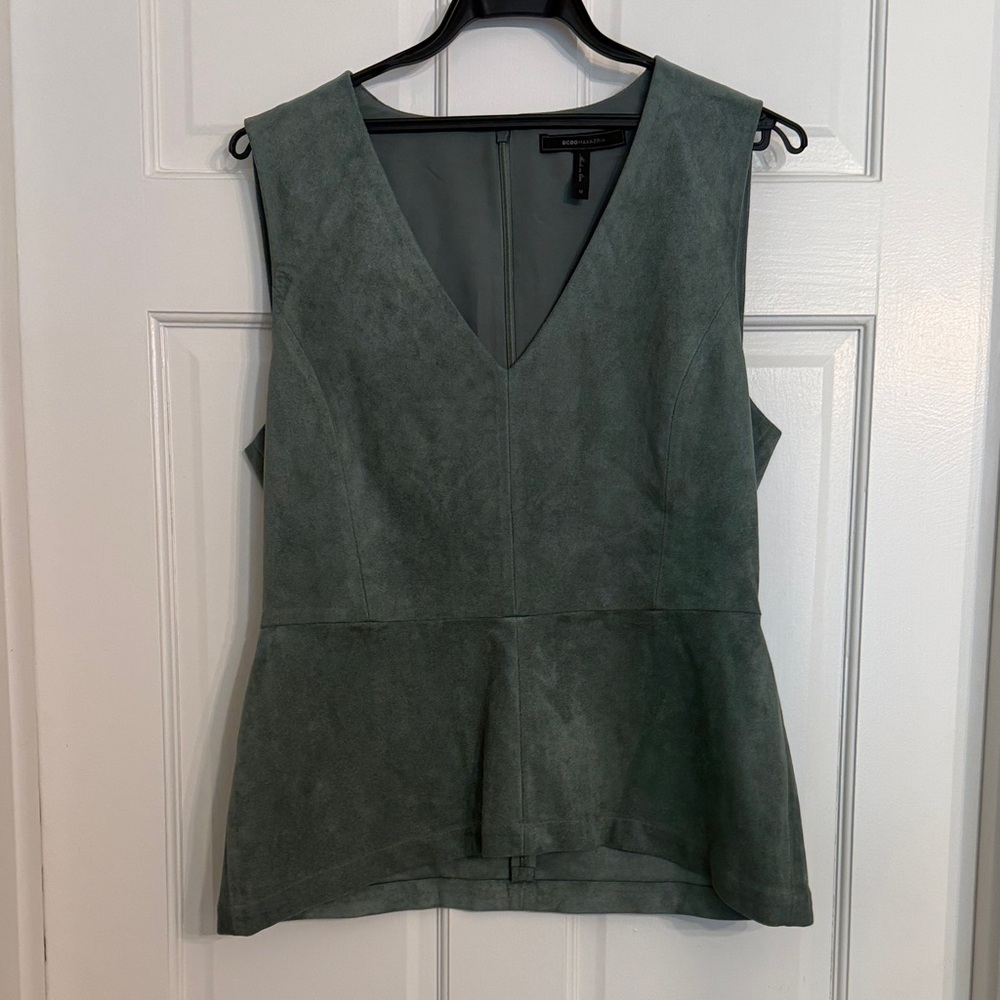 BCBGMaxAzria Dark Green Suede Sleeveless Peplum Blouse